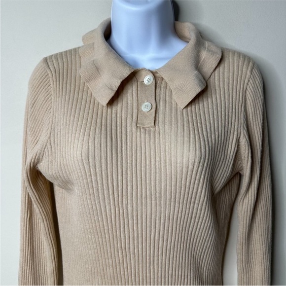 J. Crew Ruffle-Collar Ribbed Merino Wool Polo Sweater medium warm almond cream - Picture 3 of 7
